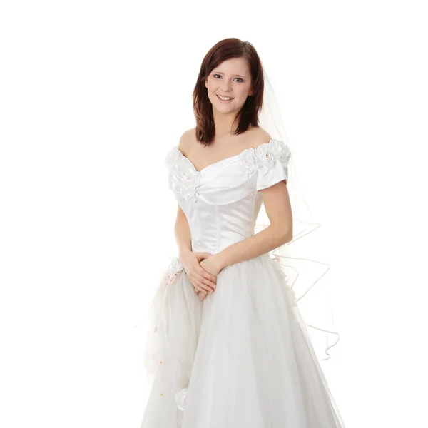 Noiva Caucasiana Vestido Longo Isolado Fundo Branco — Fotografia de Stock