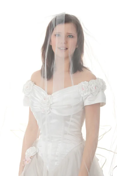 Кавказская Невеста Длинном Платье Белом Фоне — стоковое фото
