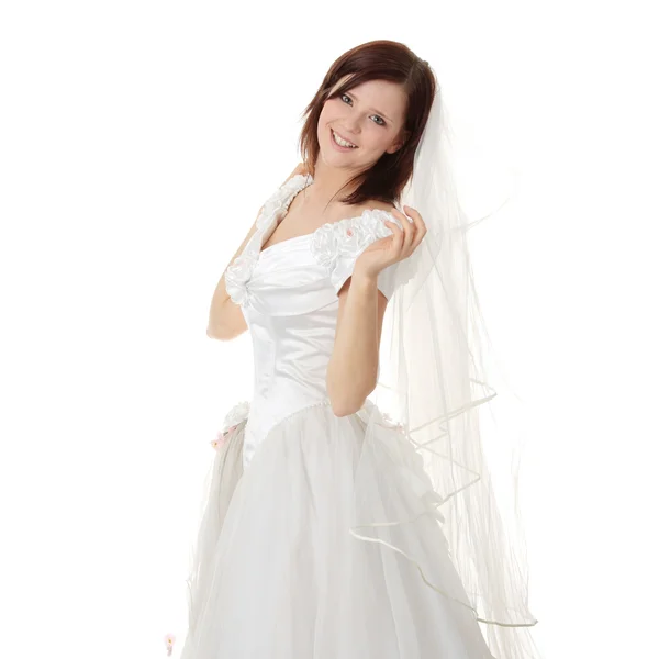 Кавказская Невеста Длинном Платье Белом Фоне — стоковое фото