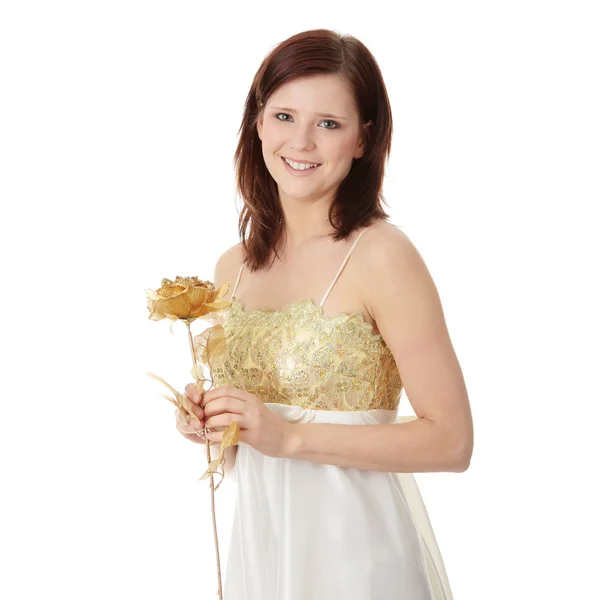 Young Beautiful Woman Elegant Evening Gold Dress Holding Gold Roseisolated — Stock Photo, Image