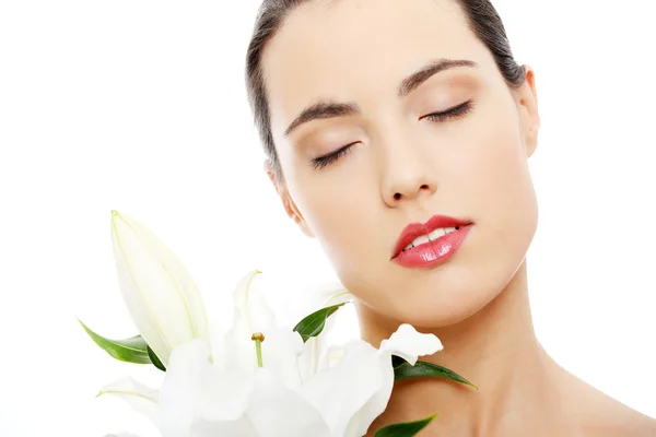 Wellness Frau Mit Lilienblüte Auf Weißem Hintergrund — Stockfoto