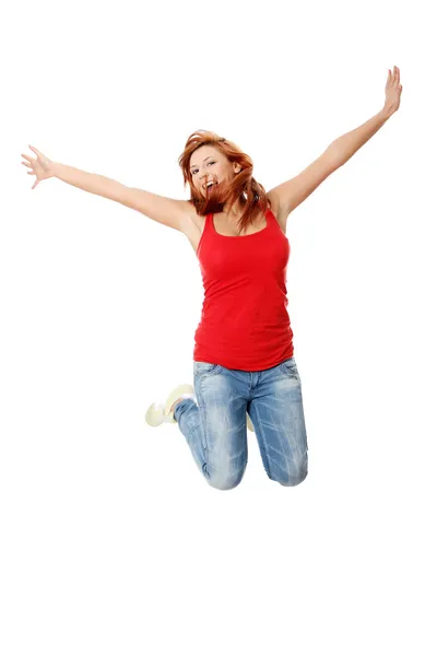 Молодая Счастливая Белая Женщина Прыгающая Воздух Изолированная Белом Фоне — стоковое фото