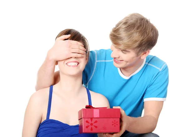 Boy Give Gift His Girlfriend Isolated White Background — Stock Photo, Image