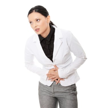 Woman with stomach issues isolated on white background