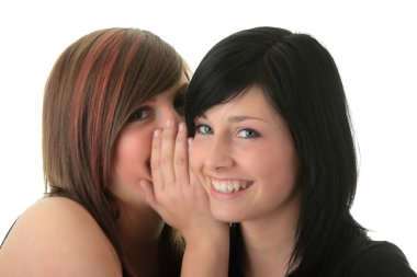 Two happy young girlfriends (sisters) talking over white clipart