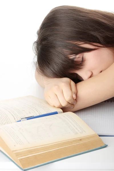 Sleeping While Learning Tired Teen Woman Sleeping Desk White Background — Stock Photo, Image