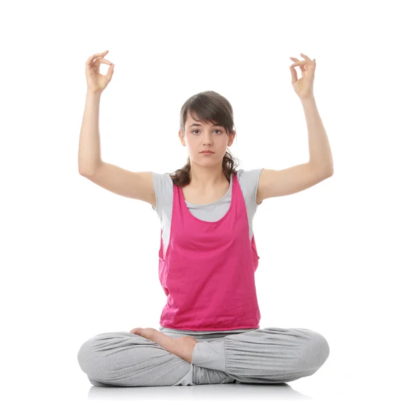 Teen Woman Training Yoga Isoliert Auf Weiß — Stockfoto
