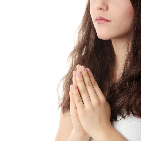 Zbliżenie portretu młodej białej kobiety modlącej się — Zdjęcie stockowe