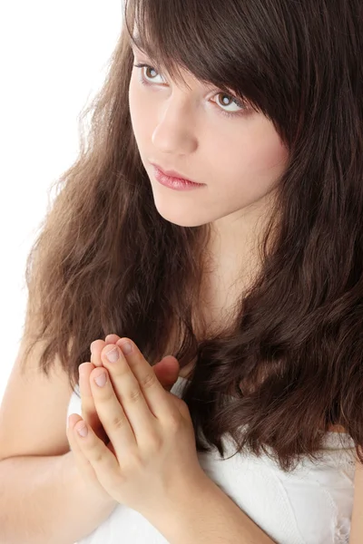 Vértes Portré Egy Fiatal Kaukázusi Imádkozott Elszigetelt Fehér Background — Stock Fotó