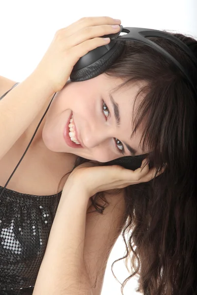 Young Beautiful Happy Women Listening Music Headphones Isolated White Background — Stock Photo, Image
