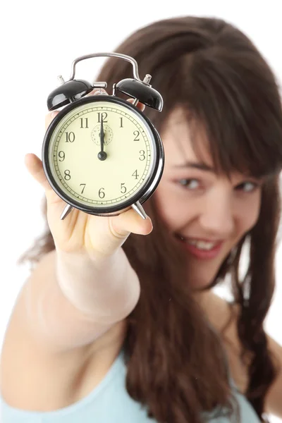 A teen woman with alarm clock — Stock Photo, Image