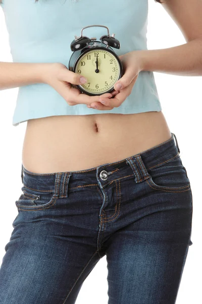 Teen Woman Alarm Clock Isolated White Background — Stock Photo, Image