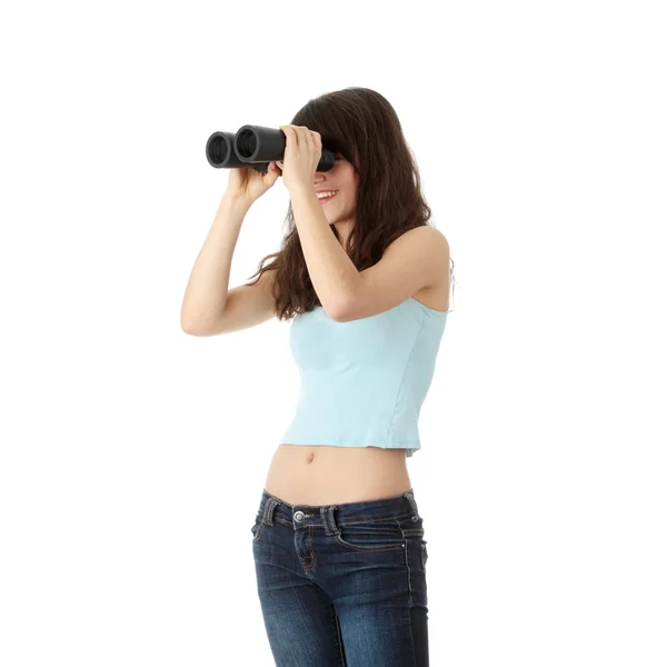Tiener Meisje Met Een Verrekijker Geïsoleerd Witte Achtergrond — Stockfoto