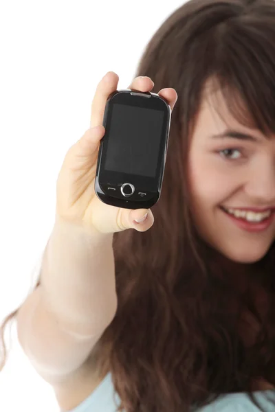 Adolescente Mujer Caucásica Usando Teléfono Móvil Aislado Sobre Fondo Blanco — Foto de Stock