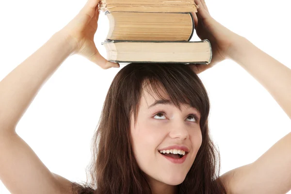 Tiener Student Meisje Met Veel Zware Boeken Geïsoleerd Witte Achtergrond — Stockfoto