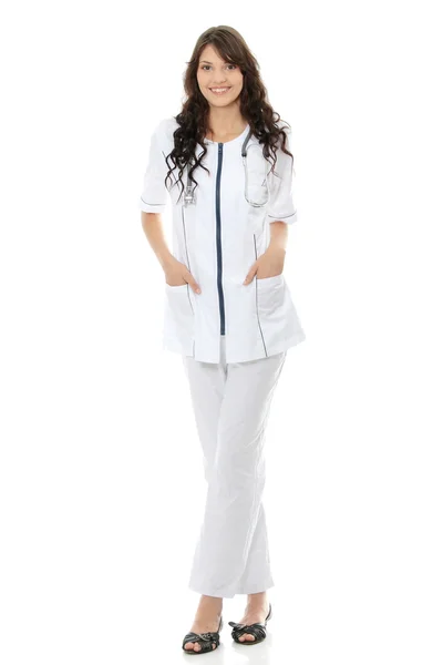 年轻的女医生或护士 在白色背景上孤立 — 图库照片
