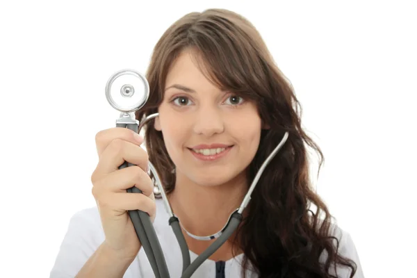 Médica Feminina Com Estetoscópio Isolado Fundo Branco Foco Estetoscópio — Fotografia de Stock