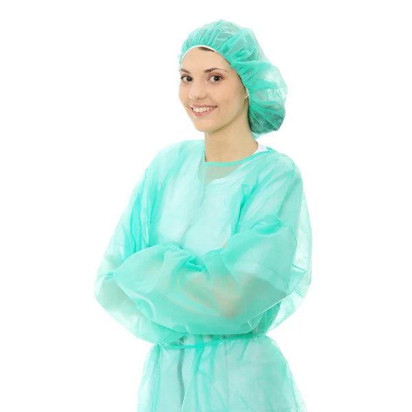 Portrait Female Surgeon Nurse Wearing Protective Uniform Isolated White Background — Stock Photo, Image