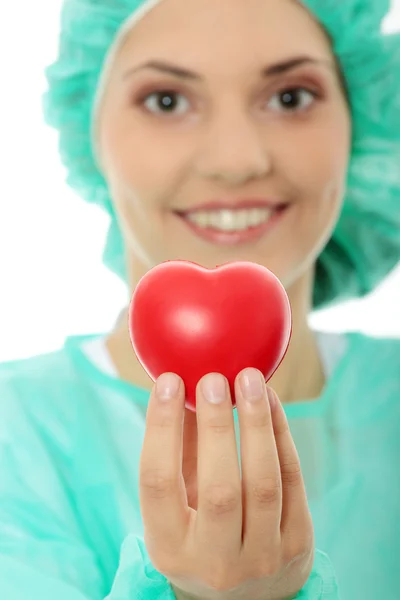 Kardiologe Mit Herz Isoliert Auf Weiß Fokus Auf Herz — Stockfoto