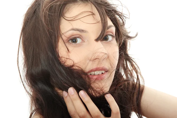 Widok Przodu Piękna Seksowną Kobietą Dmuchanego Włosy — Zdjęcie stockowe