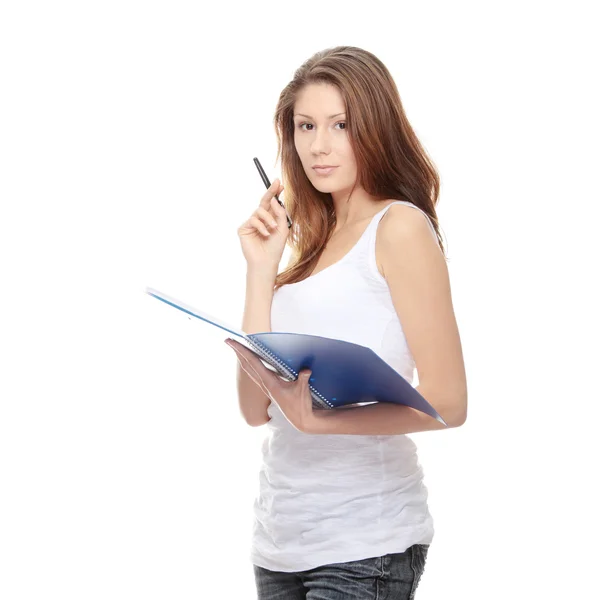 学生用笔记本和钢笔孤立在白色背景上的女人 — 图库照片