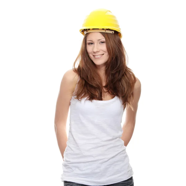 黄色のヘルメットを白い背景で隔離のエンジニアの女性 — ストック写真