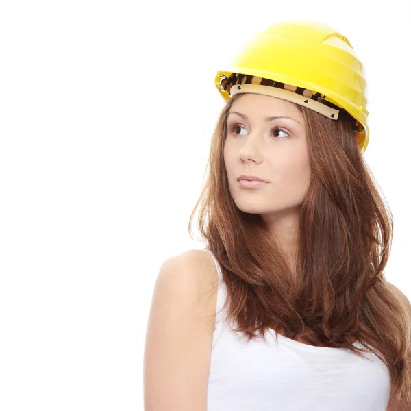 孤立在白色背景上的黄色头盔的工程师女人 — 图库照片