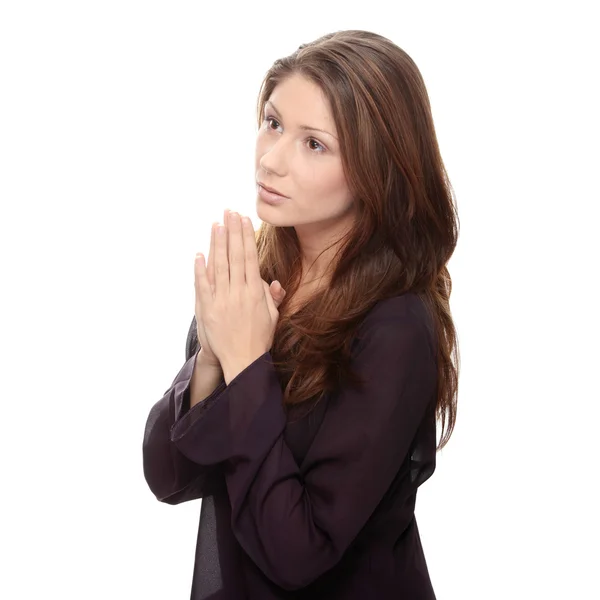 Closeup Portrait Young Caucasian Woman Praying — Stock Photo, Image