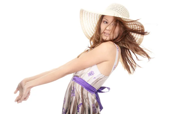 Hermosa Joven Mujer Verano Sombrero Aislado Sobre Fondo Blanco — Foto de Stock