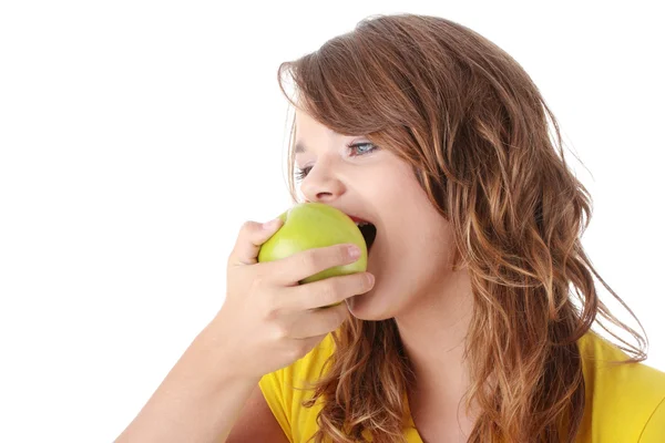 Nastolatki Dziewczyny Jedzenie Białym Tle Jabłko Wielka — Zdjęcie stockowe