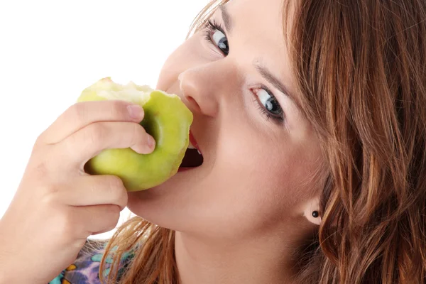 Nastolatki Dziewczyny Jedzenie Białym Tle Jabłko Wielka — Zdjęcie stockowe