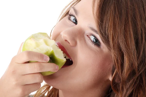 Teen Girl Eating Grean Apple Isolated White Background — Stock Photo, Image