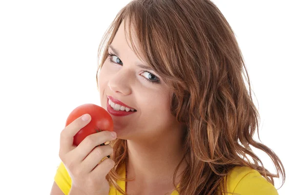 Donna che mangia pomodoro — Foto Stock
