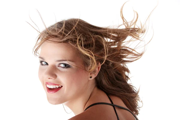 Jeune Femme Adolescente Avec Vent Dans Ses Cheveux Isolés Sur — Photo