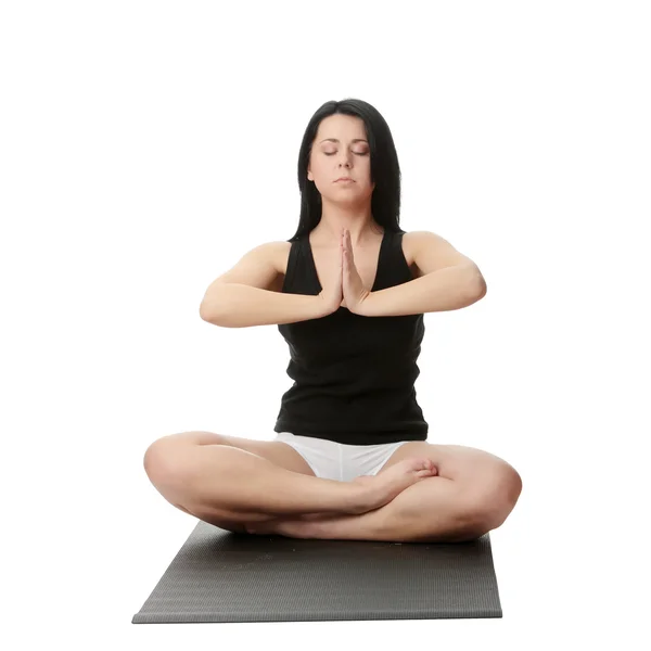肥胖女人瑜伽培训 在白色背景 — 图库照片