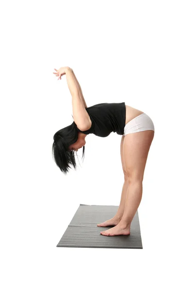 Corpulente Vrouw Opleiding Yoga Witte Achtergrond — Stockfoto