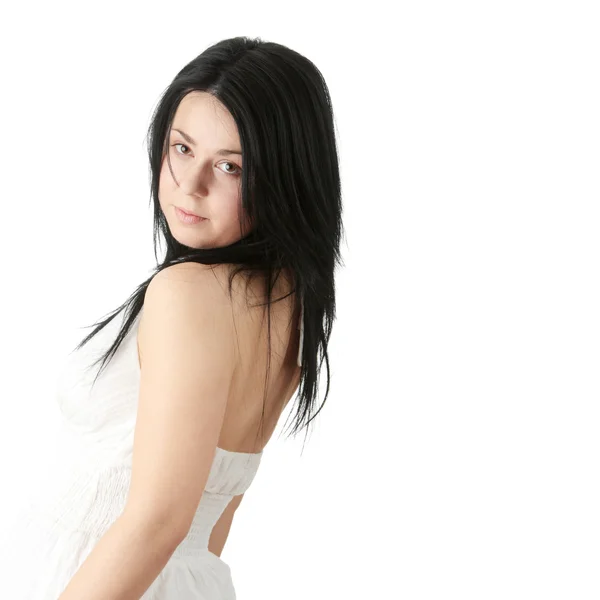 Παχύσαρκος Καυκάσιος Γυναίκα Στο Κομψό Λευκό Φόρεμα Που Απομονώνονται Λευκό — Φωτογραφία Αρχείου