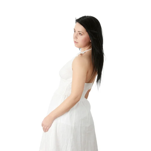 Твердая Белая Женщина Элегантном Белом Платье Изолированная Белом Фоне — стоковое фото