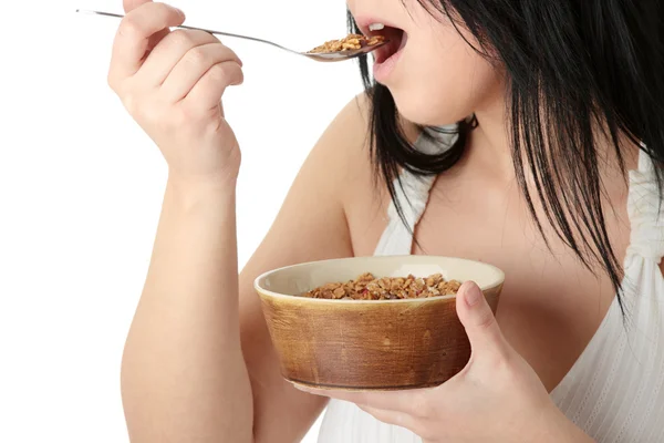 Ung Korpulent Kvinna Äta Tunt Isolerad Vit — Stockfoto
