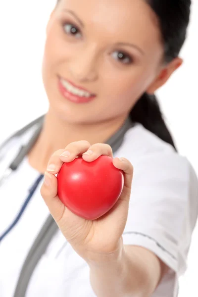 Female Doctor Sthetoscope Holding Heart — Stock Photo, Image