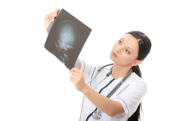 Portrait Thoughtful Female Doctor Uniform Looking Ray Image Isolated White — Stock Photo, Image