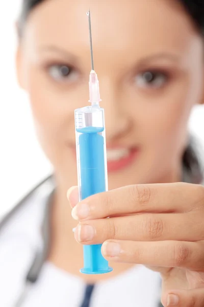 Young Female Doctor Nurse Holding Syringe Focus Syringe — Stock Photo, Image