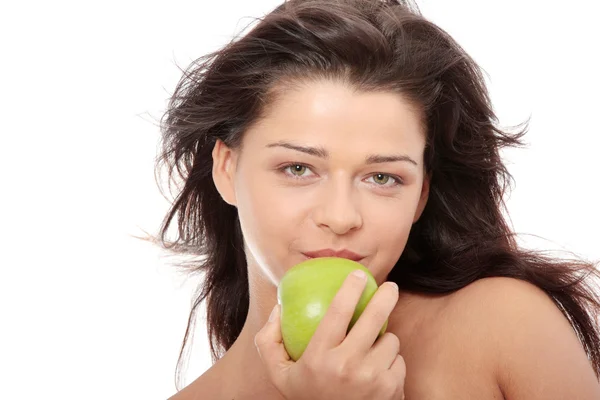 Vackra Topless Flicka Med Grönt Äpple Isolerad Vit Bakgrund — Stockfoto