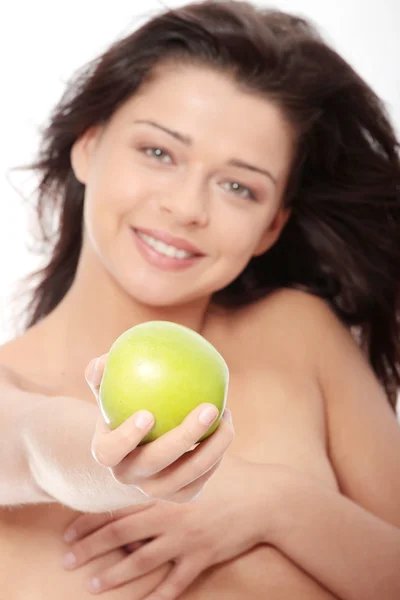 Piękna Dziewczyna Topless Zielonym Jabłkiem Białym Tle — Zdjęcie stockowe
