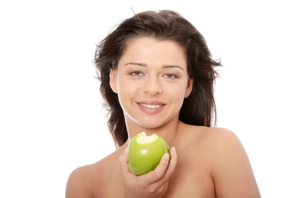 Piękna Dziewczyna Topless Zielonym Jabłkiem Białym Tle — Zdjęcie stockowe