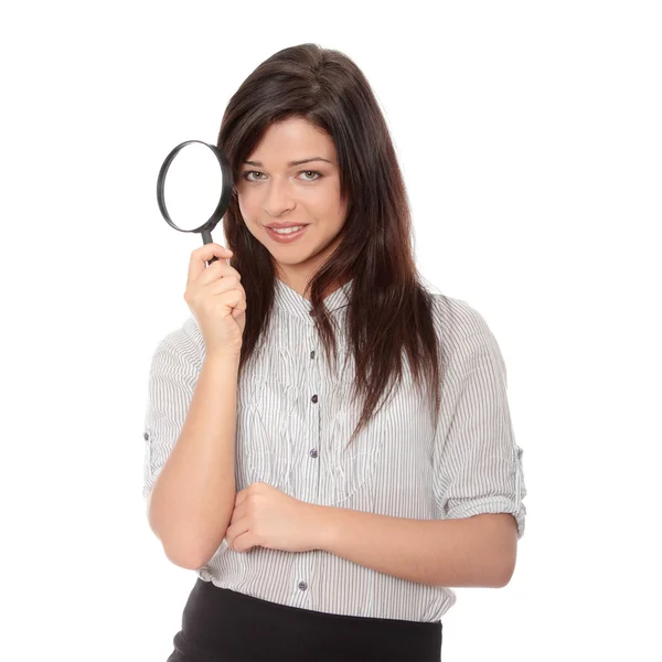 Young Attractive Smiling Business Woman Looking Magnifying Glass Isolated White — Stock Photo, Image