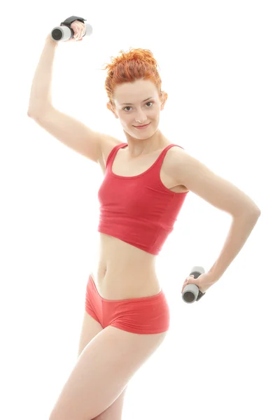 Beautiful Young Deaf Hearing Aid Ears Redhead Exercising Dumb Bells — Stock Photo, Image