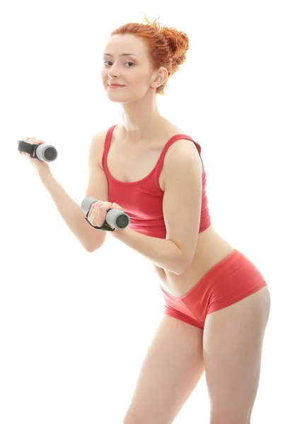 Beautiful Young Deaf Hearing Aid Ears Redhead Exercising Dumb Bells — Stock Photo, Image