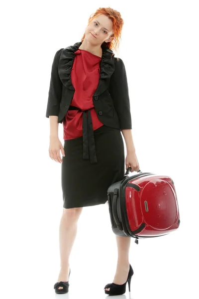 Young Redhead Businesswoman Deaf Hearing Aid Red Suitcase Isolated White — Stock Photo, Image