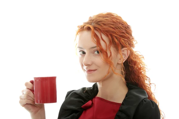 Mooie Dove Vrouw Drinken Koffie Geïsoleerd Wit — Stockfoto